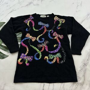 Cedars Womens Vintage 90s Sequin Bows Sweater Size M Lambswool Angora Sparkle